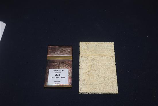 A Canton carved ivory card case and a mother of pearl card case